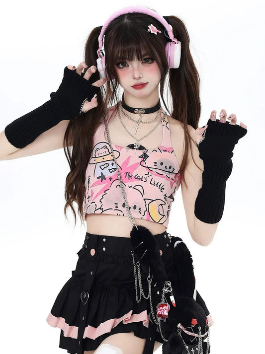 Pure Cute Print Halter Neck Top Graffiti Cat