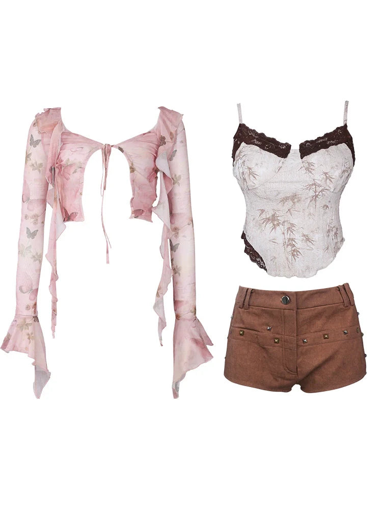 Coffee + Beige + Suspender Pink Top Moulin Shorts Butterfly Cardigan Broken