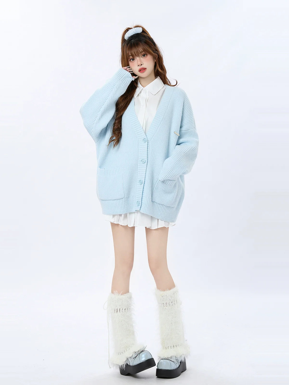 Loose Knit Cardigan Blue Ribbed Cream