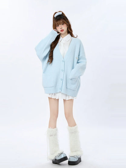Loose Knit Cardigan Blue Ribbed Cream