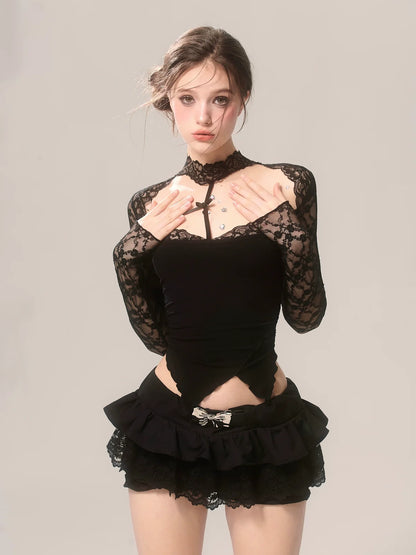 Romantic Design Bow Lace Black Skirt Shorts
