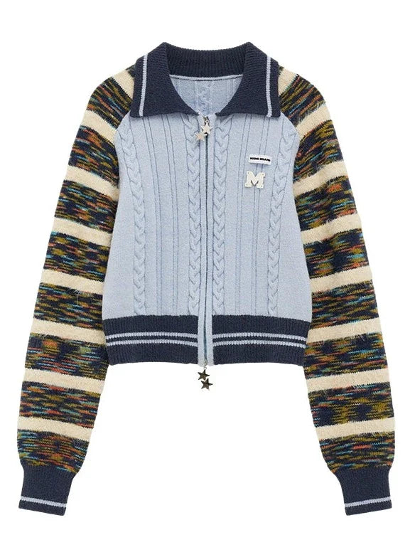 Line Mixed Zipper Double Sweater Cardigan