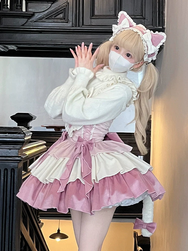 Suspender Dress Set Ear Velvet Tail Hairband Frill Puffy Cat Heart