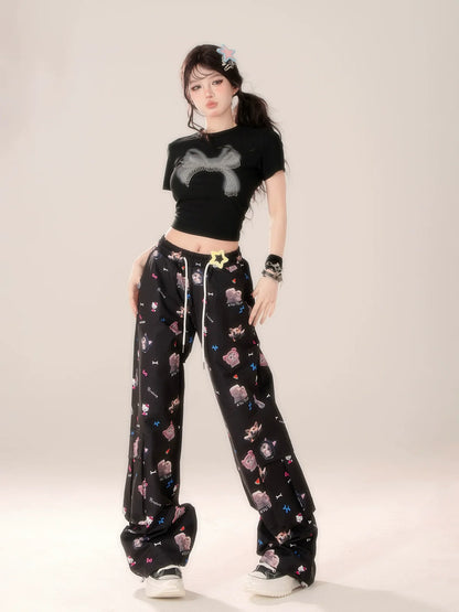 Casual Niche Pants Black Design Hook Cat