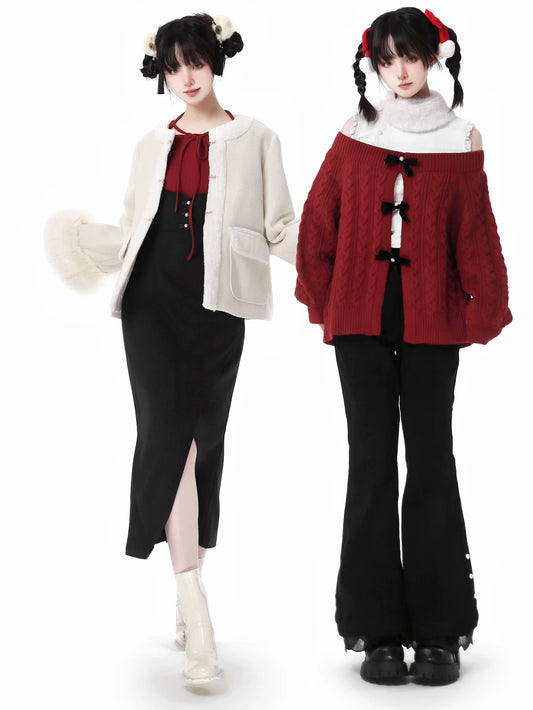 Snow Fragrance Rabbit Fur Coat Off Ward Sleve Sweater Suit