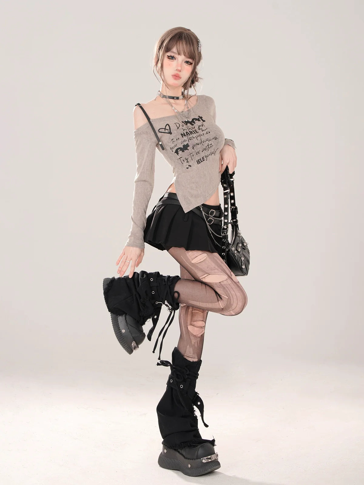 ロングスリットストラップオフショルダーイレギュラーTシアー