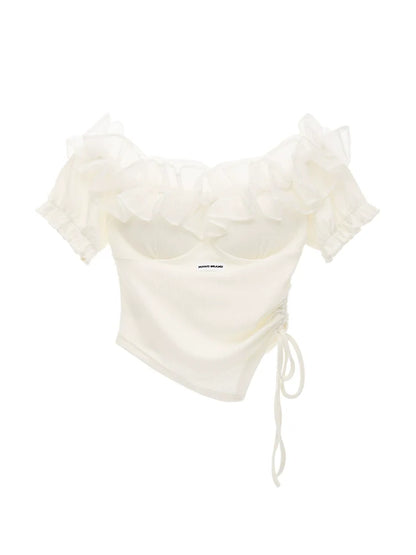 Haut en dentelle, épaules en tulle, haut fleuri, tricot