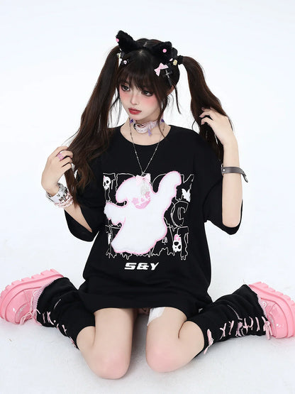 Lockere Stickerei Dunkles kleines T-Shirt Ghost
