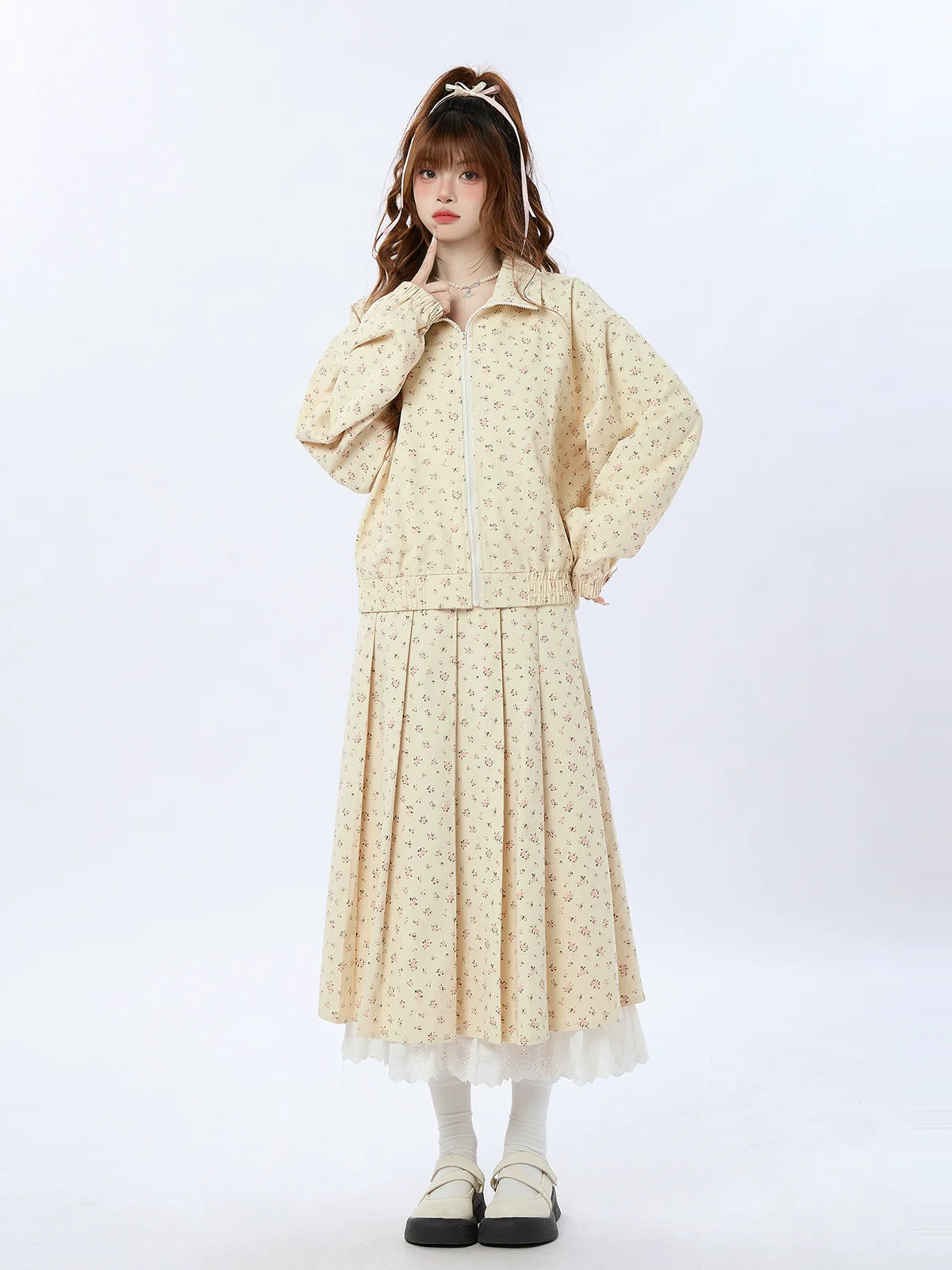 Veste en dentelle plissée zippée, petite, courte/longue + jupe roulée