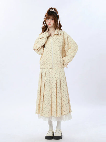 Veste en dentelle plissée zippée, petite, courte/longue + jupe roulée