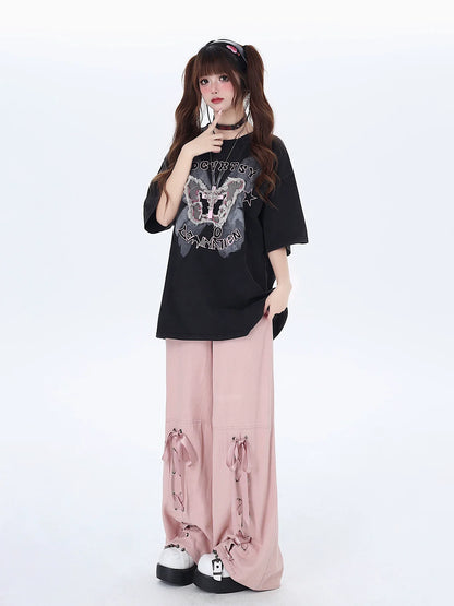 Satin Pants Ribbon Lace-up Loose