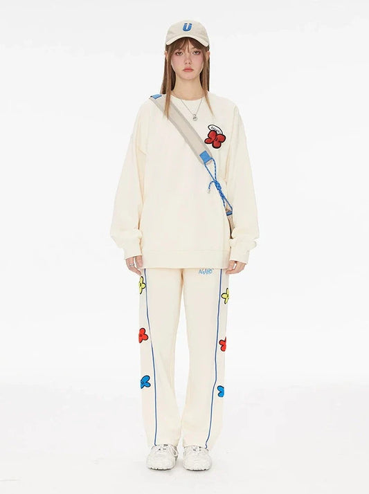 Neck Side Design Round Cream Sweatshirt Yellow + Pants