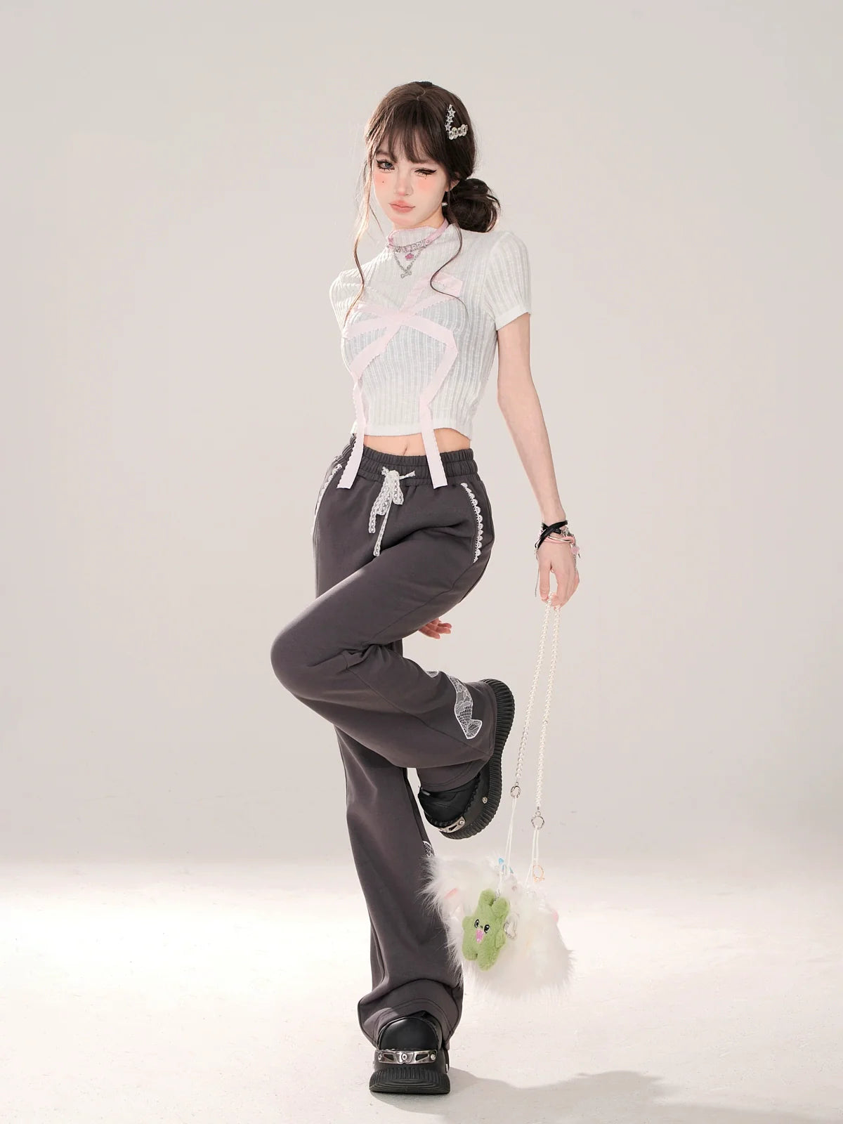 Niche Lace Design Casual Gray Ribbon Pants