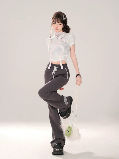 Niche Lace Design Casual Gray Ribbon Pants