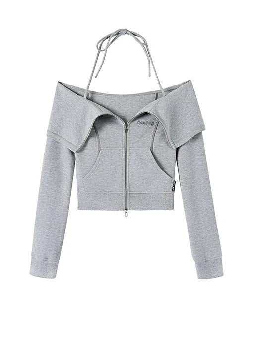 Off-the-shoulder + strap sweatshirt skirt zip-up top