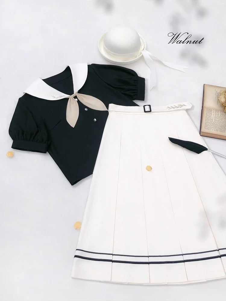 Chemise élégante à manches courtes et oreilles de lapin marin français, style rétro, col bouffant, jupe plissée