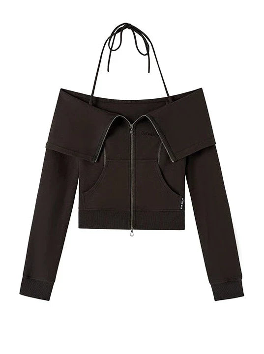 Off-the-shoulder + strap sweatshirt skirt zip-up top
