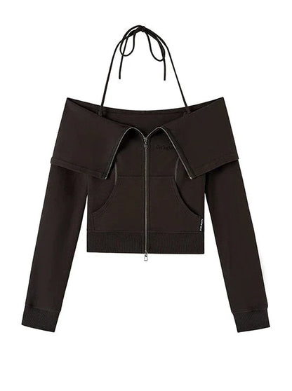 Off-the-shoulder + strap sweatshirt skirt zip-up top