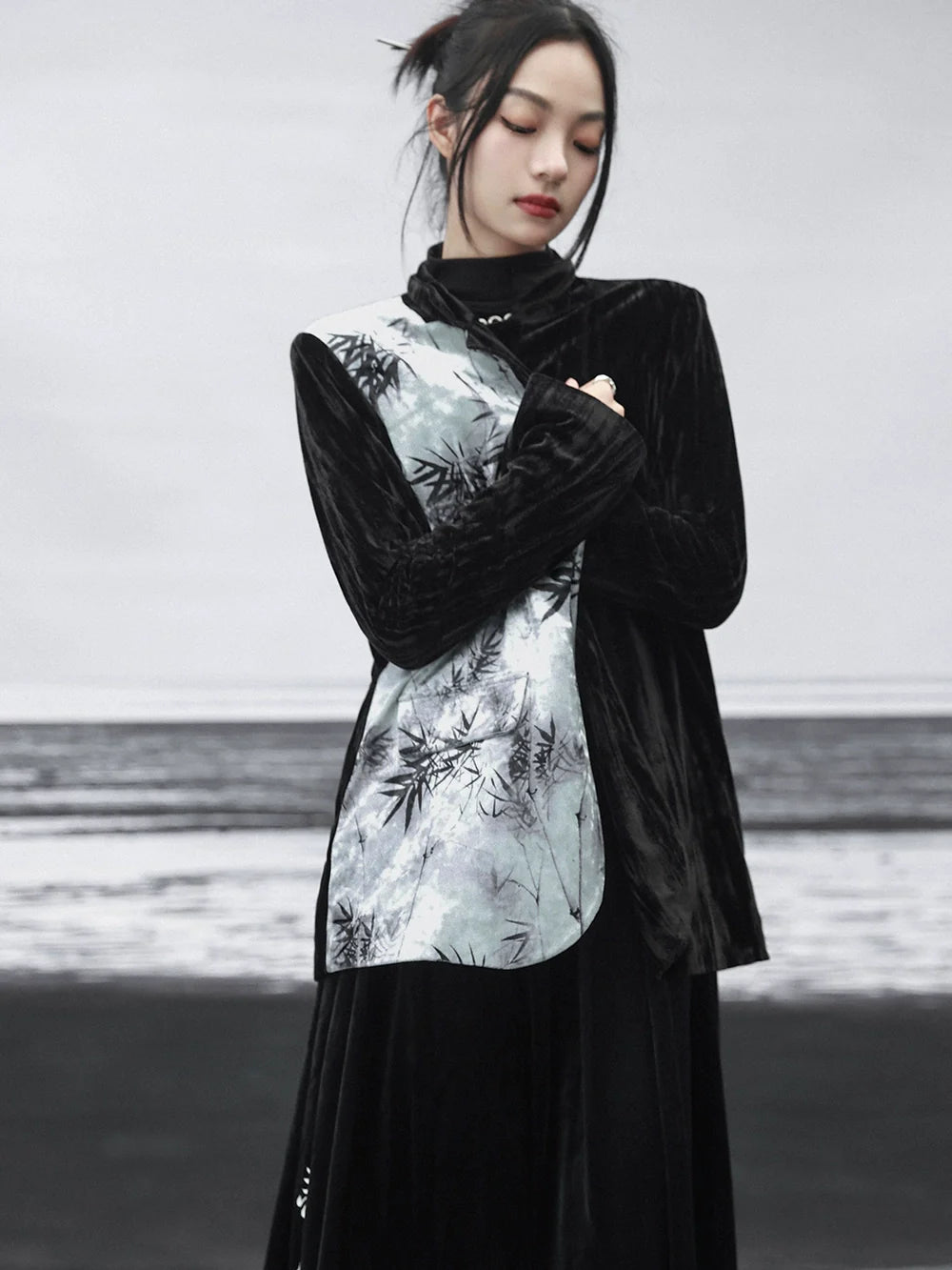 Veste imprimée chinoise en velours de bambou contrasté avec épissure de couleur