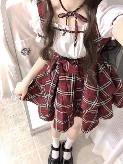 Pants Puff Scottish + Choker Ribbon Puffy Sleeve Cake + Check Dress Red