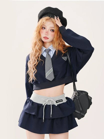 College + Tie Short Style Sweatshirt + Set Color Striped Piece Faux Skirt Two