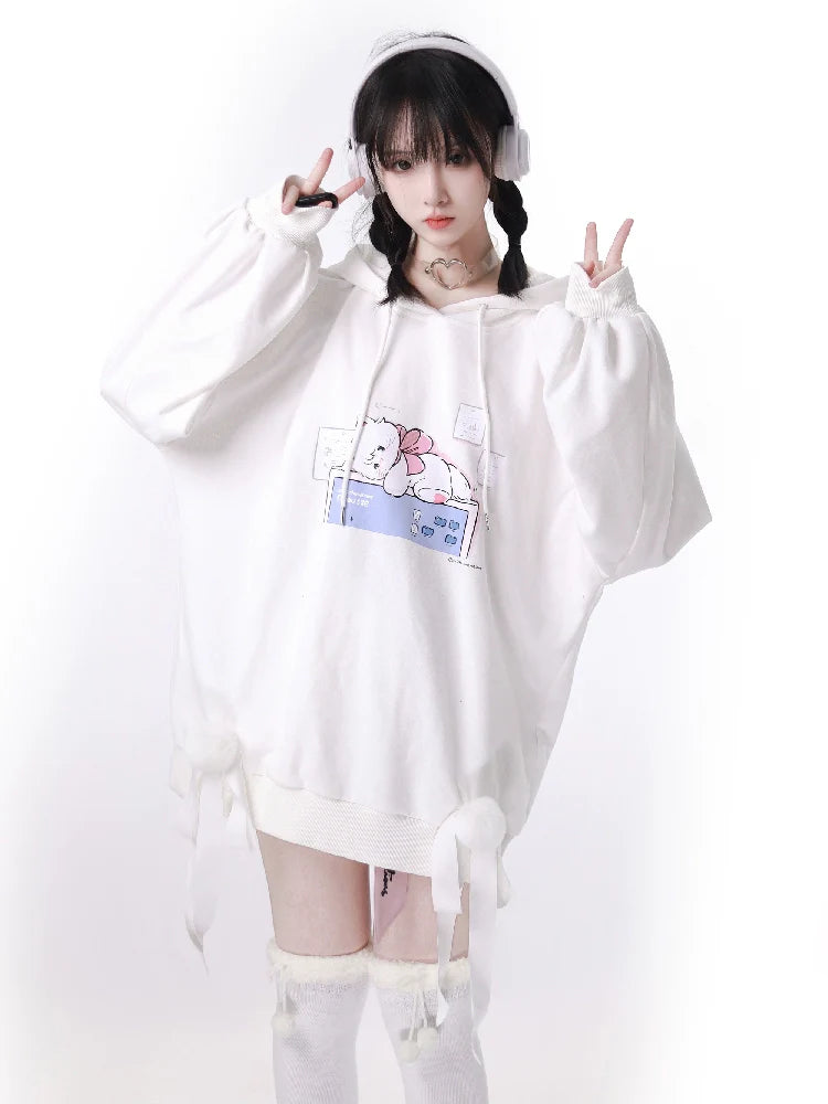 プラスベルベッドピンクホワイトボールリボンパーカー