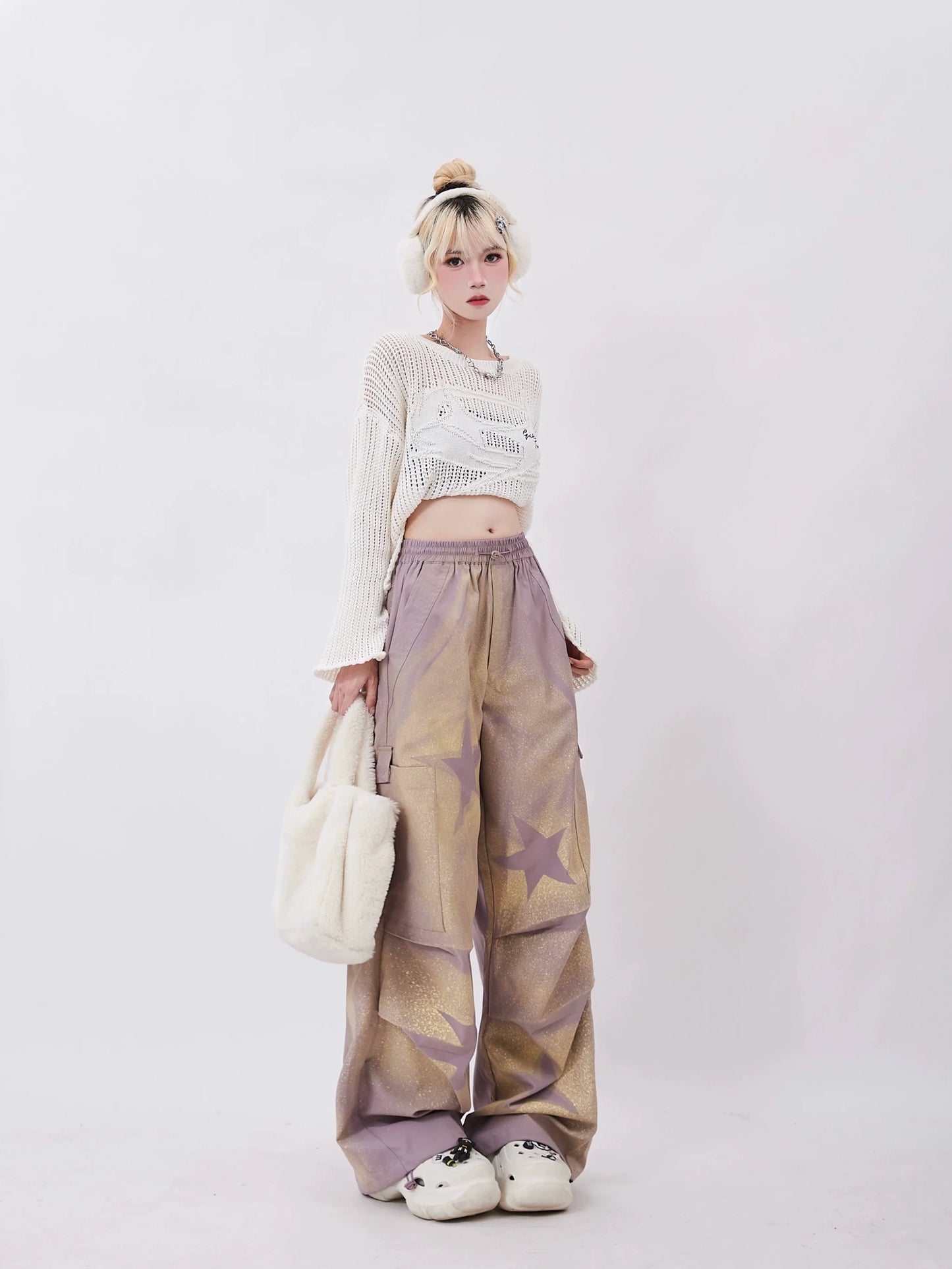 Pants Purple Wide Star Sheer