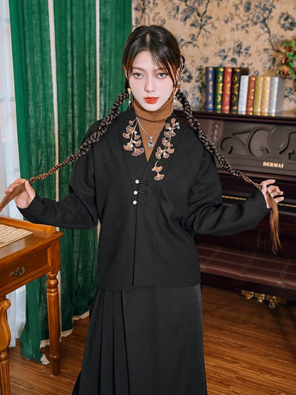 Veste à col en V avec broderie chinoise et feuilles