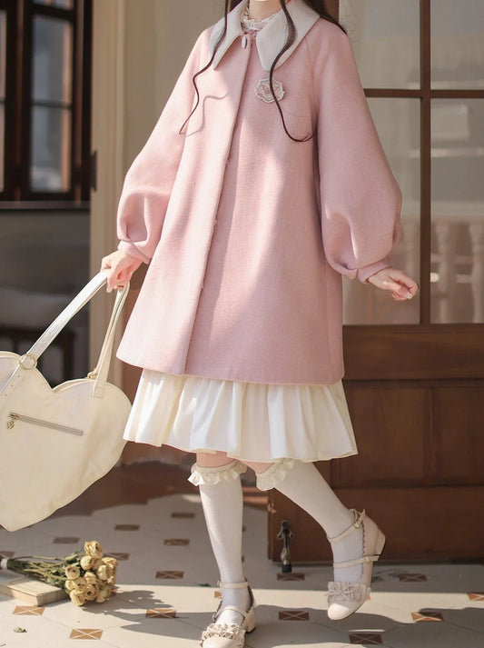 Badge Poupée à volants rose + Lolita + Robe Manteau blanc cassé Col