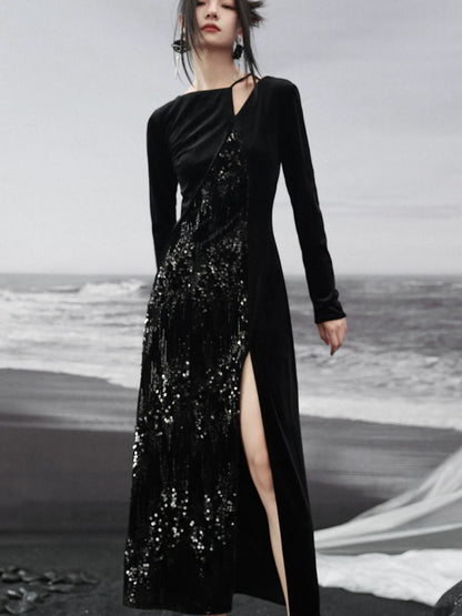 Dress Niche Slit Glitter Design Velvet
