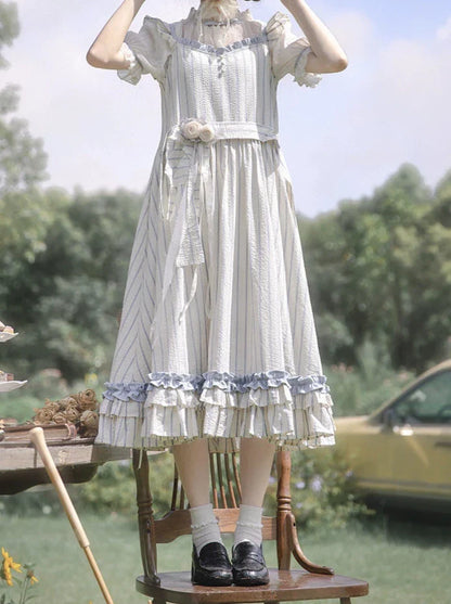 Shirt Handmade + Dress Puff Sheer Ruffled Sleeve Shoulder Corsage Inner Fairy Lace + Striped