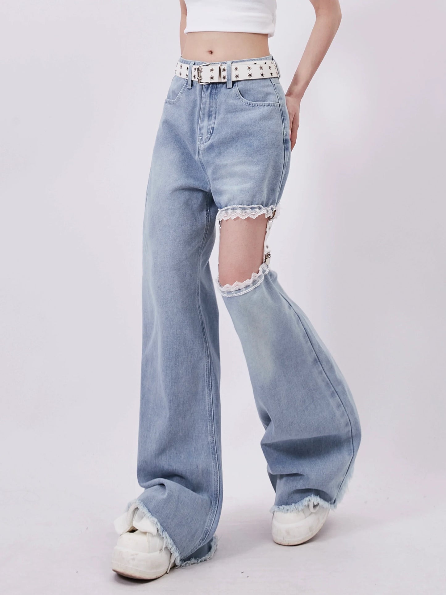 Wide Denim Open-cut Pants Square