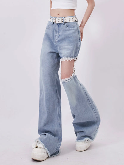 Wide Denim Open-cut Pants Square