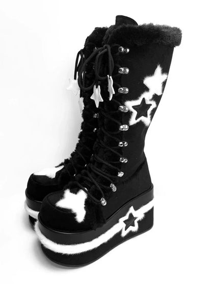 Bottes de sous-culture Y2K à plateforme mi-haute en velours et étoile