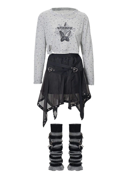 プリントサマーショートスカート イレギュラープルオーバー パンクハイドチュールバタフライ+ニット