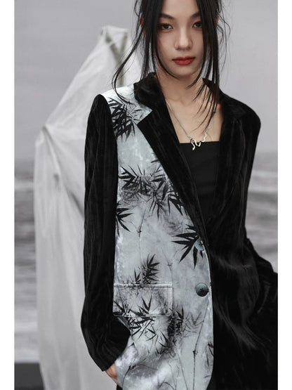Veste imprimée chinoise en velours de bambou contrasté avec épissure de couleur