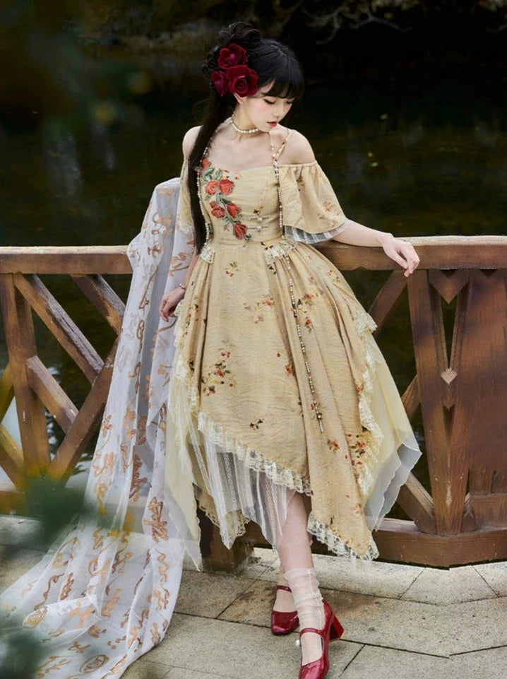 エレガントなストラップスクエアカラーローズオフショルダードレスイレギュラー