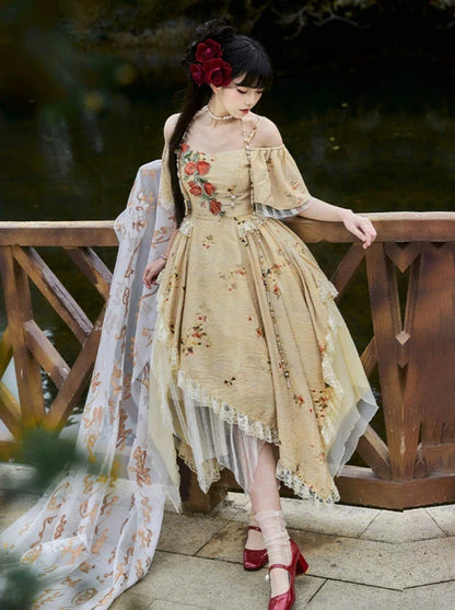 エレガントなストラップスクエアカラーローズオフショルダードレスイレギュラー