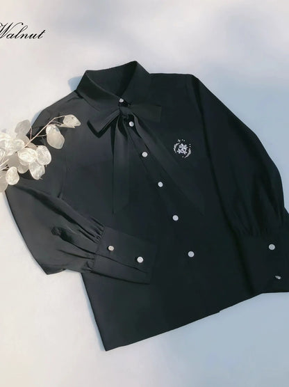 Jupe + Trench Badge Collège Chemise Abricot Manteau Plissé Brodé Métal Ruban Noir
