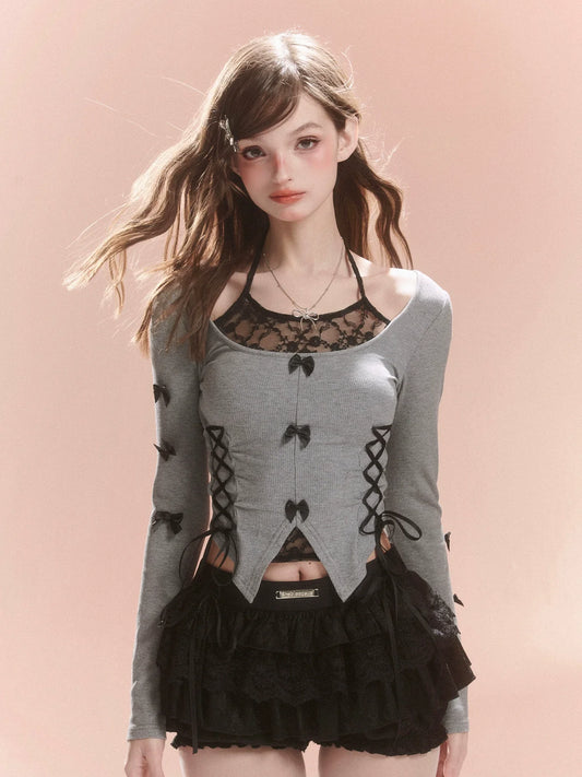 Lace-Up Slit Side Ribbon Top
