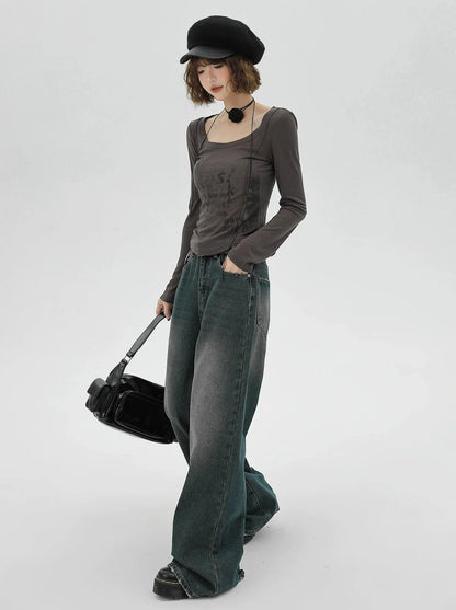 American Slim Retro Langbuchstabe Grau T