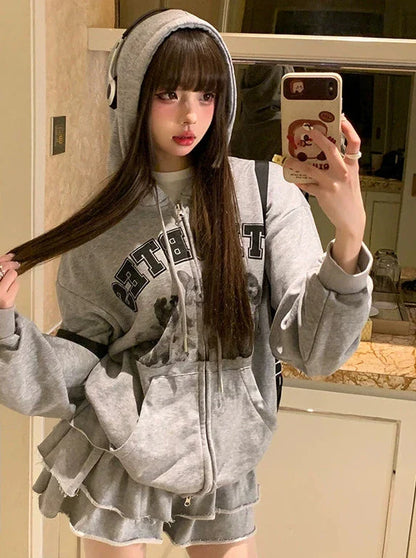 Top Sweatshirt Gray Skirt + American Retro Hoodie