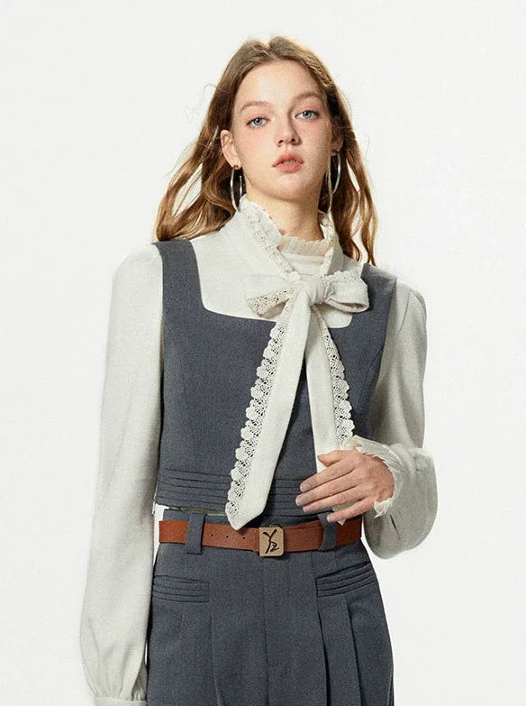 Bow-tie Gray Vest Pleated Knit Pants Slack Suit + Shirt