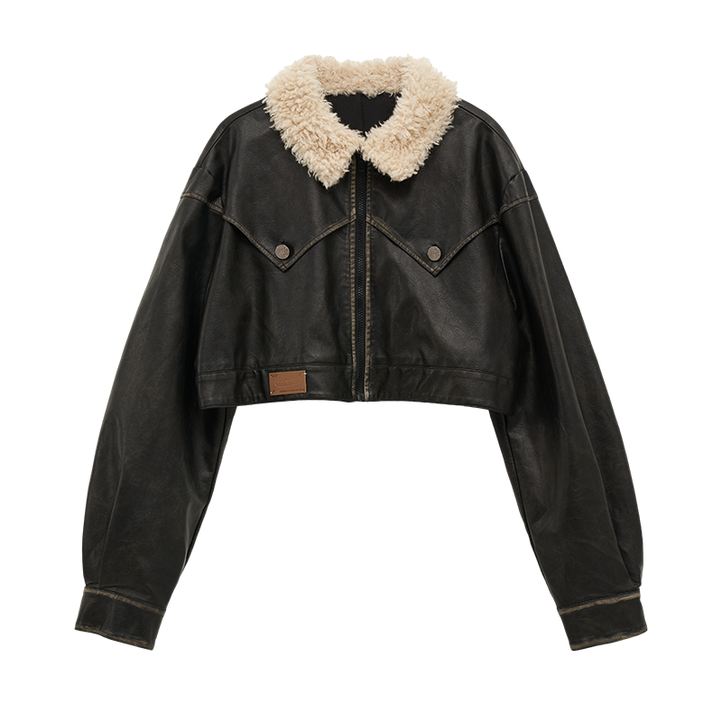 Osh Design Leather Fur Collar Jacket + Short Leather Pants