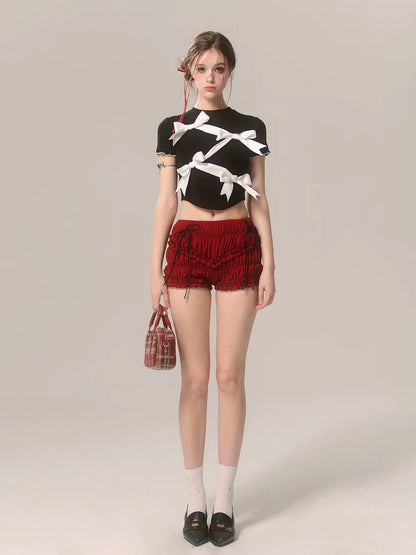 Short Black Ribbon Slim Niche T-Shirt