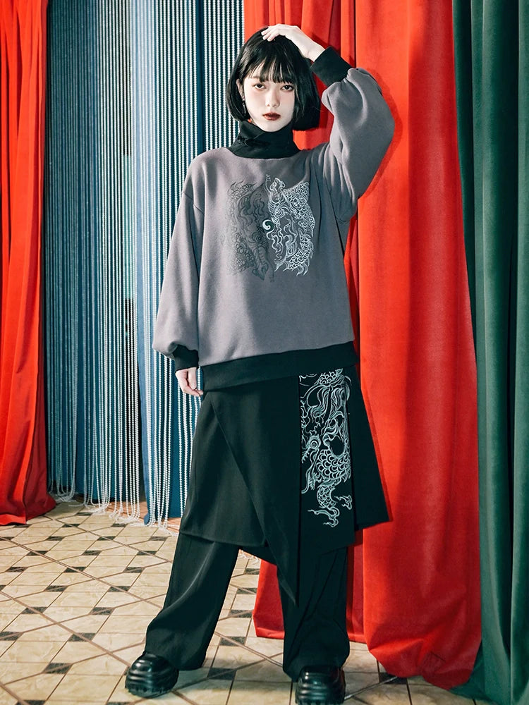 Two Piece Faux Splicing Pants Layered Wide Dragon