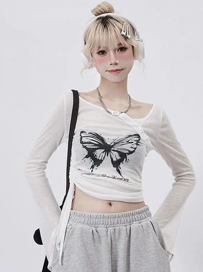 Top Butterfly Short Y2K Shirring
