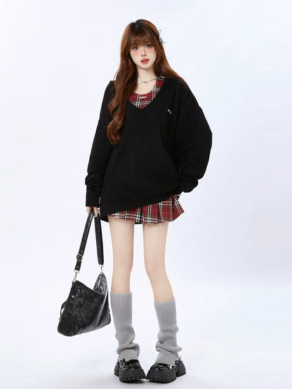 Check Two Top Loose Hooded Piece