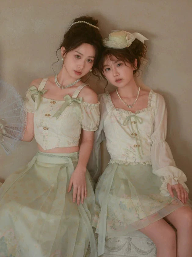 Ensemble floral en mousseline de soie légère de Chine verte