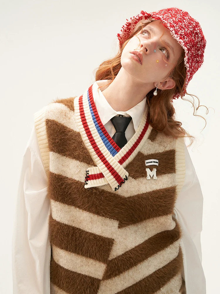 Gilet en polaire tricotée, col en V, rayé, asymétrique, fourrure